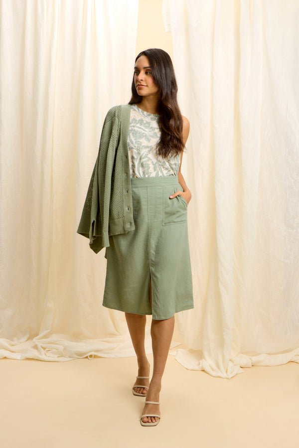 Emproved Women's A-Line Midi Length Woven Skirt - Sage