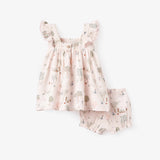 Elegant Baby Garden Picnic Lace Edge Organic Muslin Dress W/ Bloomer - Pink