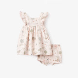 Elegant Baby Garden Picnic Lace Edge Organic Muslin Dress W/ Bloomer - Pink
