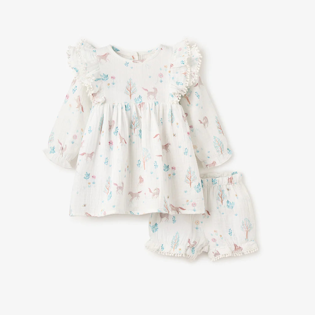 Elegant Baby Pony Meadow Organic Muslin Dress & Bloomer Set - White