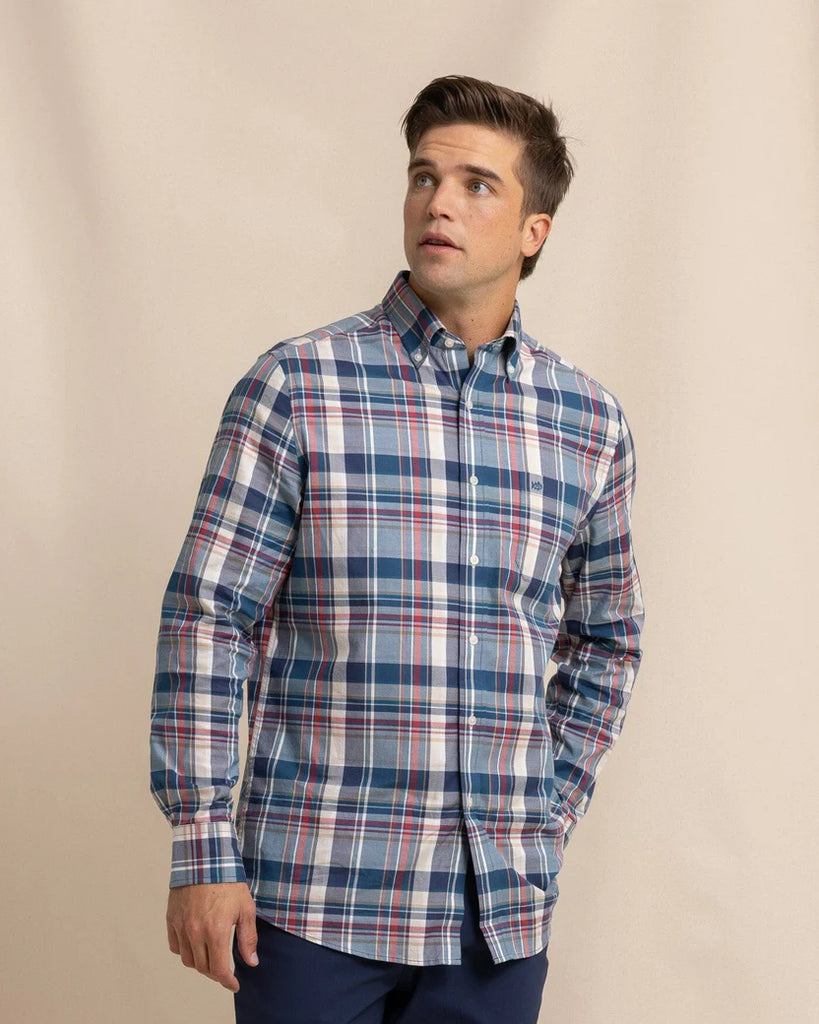 Southern Tide Men's Southern Shores Plaid Skipjack Long Sleeve Sport Shirt - Dress Blue