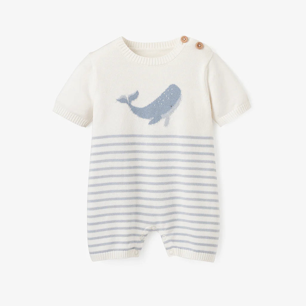 Elegant Baby Whale Striped Knit Shortall Romper - Blue