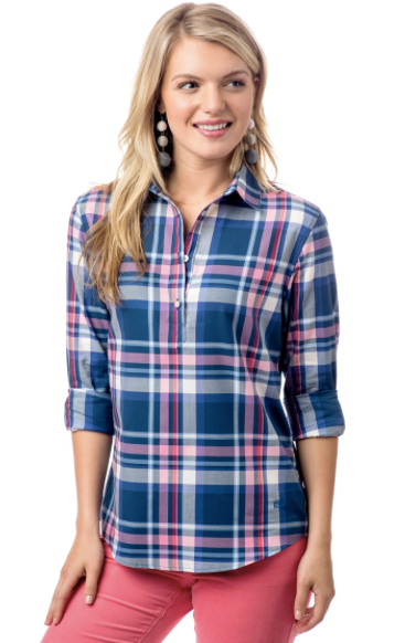Southern Tide Cabin Fever Plaid Hadley Popover - Yacht Blue