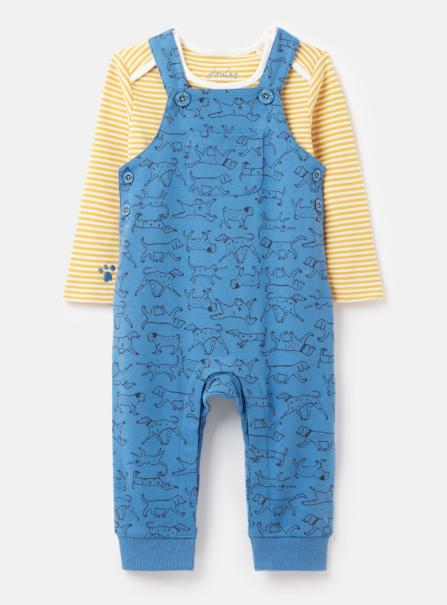 Joules Infant Wilbur Organically Grown Cotton Jersey Dungaree Set Blue Dogs