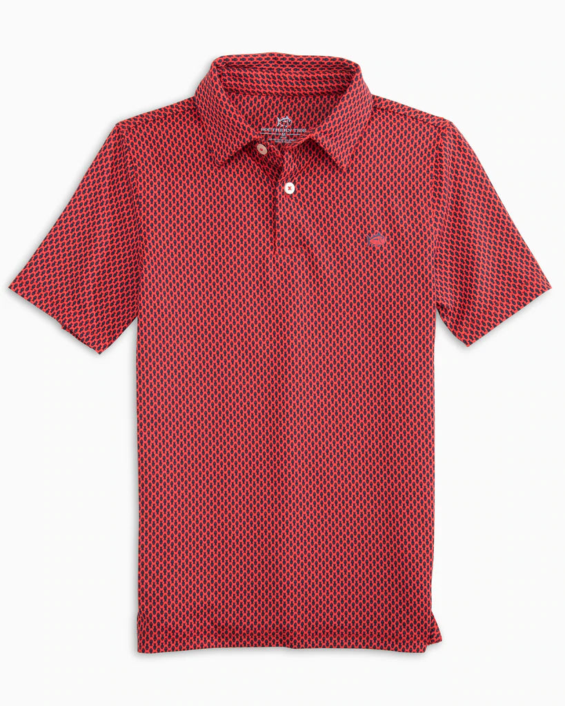 Southern Tide Boy's Ryder Heather Bait Printed Polo Shirt - Heather Tropical Red