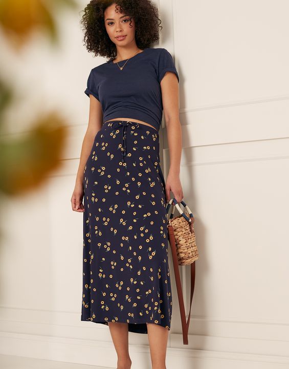 Joules Women's Auriel Printed Jersey Skirt - Navy Sunflower Ditsy