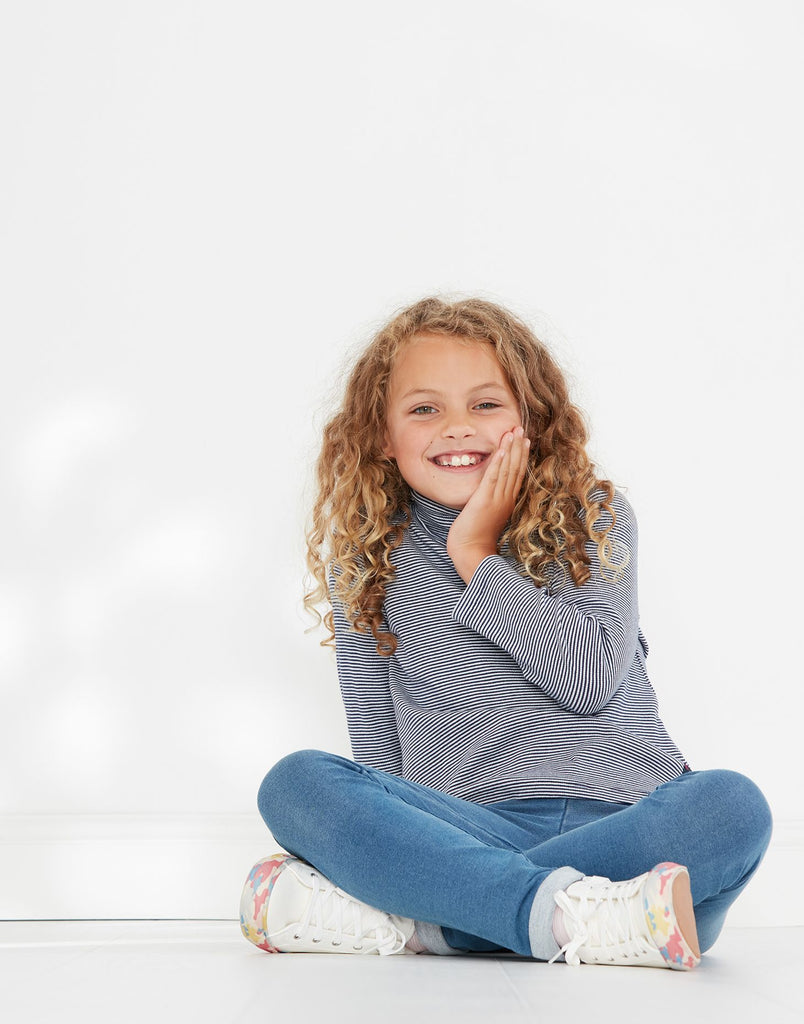 Joules Girl's Enya Rib Roll Neck Top - Navy Stripe